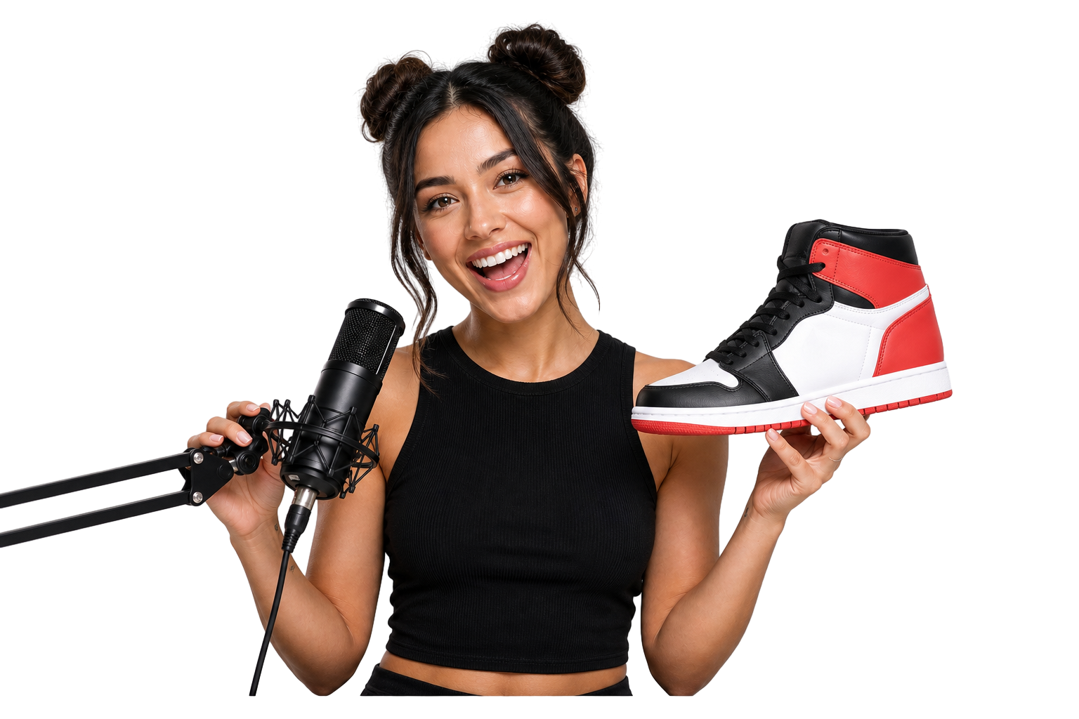 Creator holding a microphone and a sneaker during a live drop